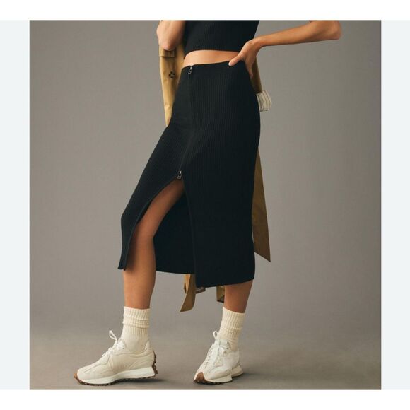 NWT Anthropologie Midi Skirt Daily Practice XL Black Ribbed Knit